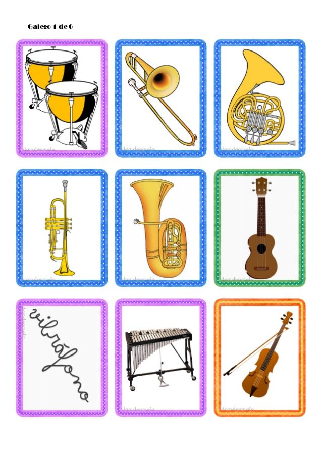 four different musical instruments are shown in this puzzle game, which shows them all different colors and sizes