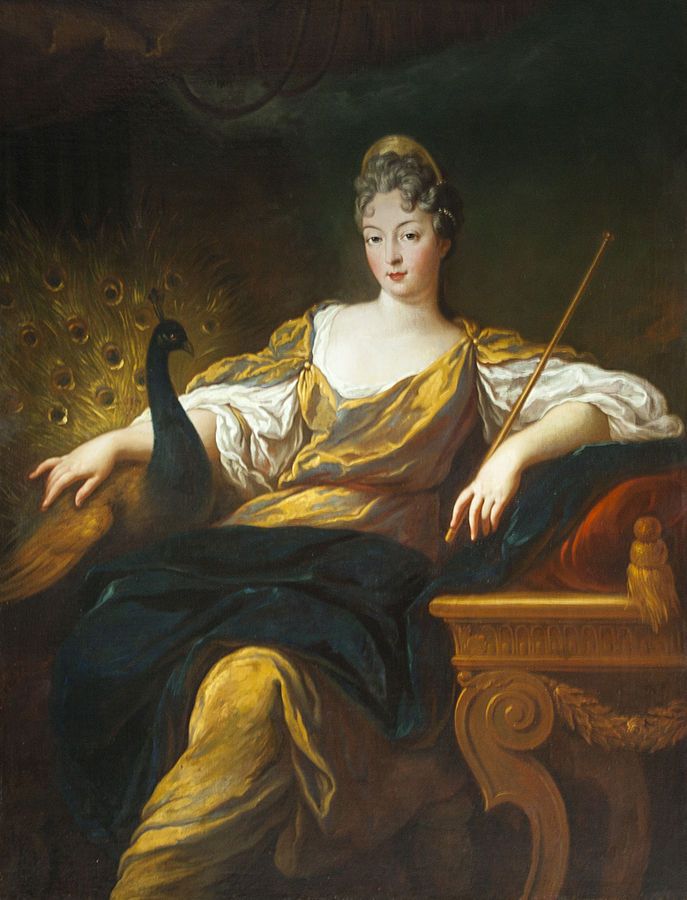 a painting of a woman with a peacock on her lap and a cane in her hand