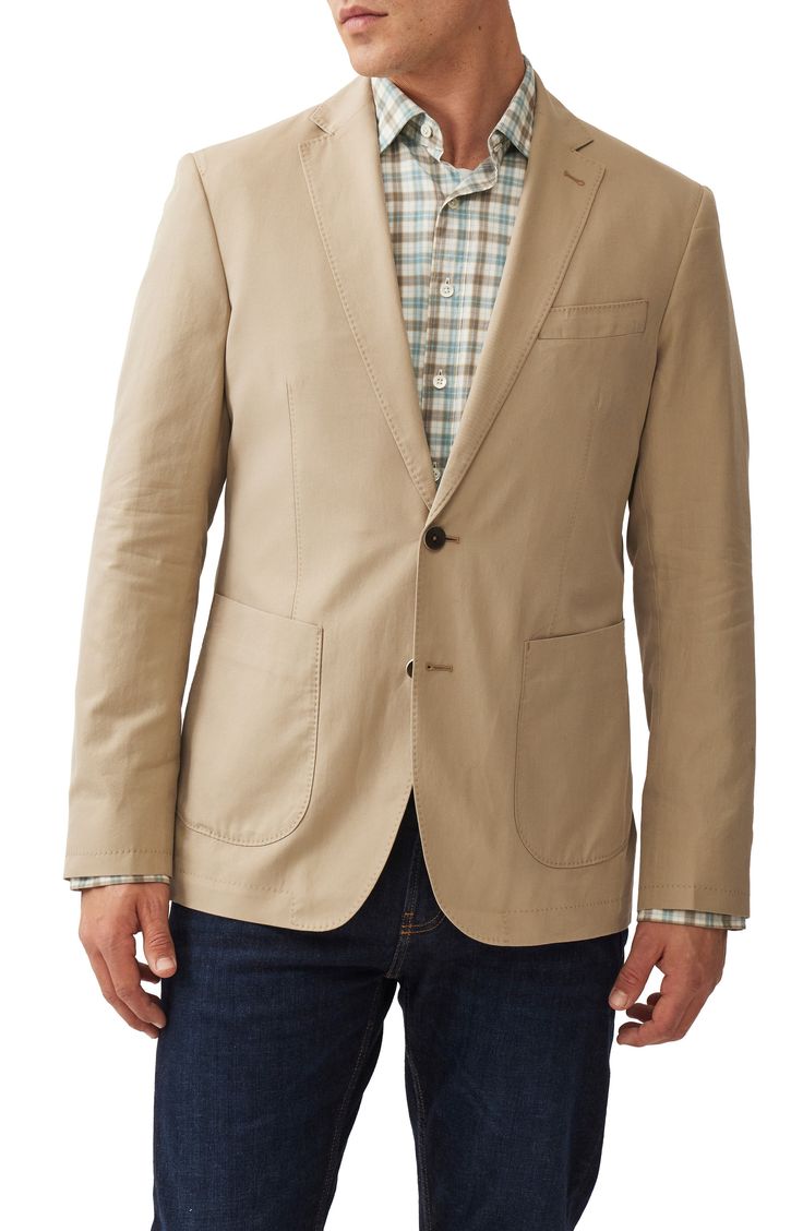 Smart and versatile, this sport coat tailored from crisp cotton features traditional detailing and makes a great choice for elevating any casual look. 28 1/2" length (size Medium) Notched lapels Nonfunctional four-button cuffs Chest welt pocket; front patch pockets Side vents Lined 100% cotton Dry clean Imported Spring Sport Coat With Button Closure, Classic Cotton Blazer With Concealed Placket, Relaxed Fit Cotton Blazer With Long Sleeves, Classic Cotton Outerwear With Pockets, Unstructured Sport Coat With Button Closure For Spring, Fall Cotton Blazer With Patch Pockets, Spring Sport Coat With Notch Lapel And Patch Pockets, Spring Sport Coat With Patch Pockets And Notch Lapel, Casual Sport Coat With Single Button And Notch Lapel