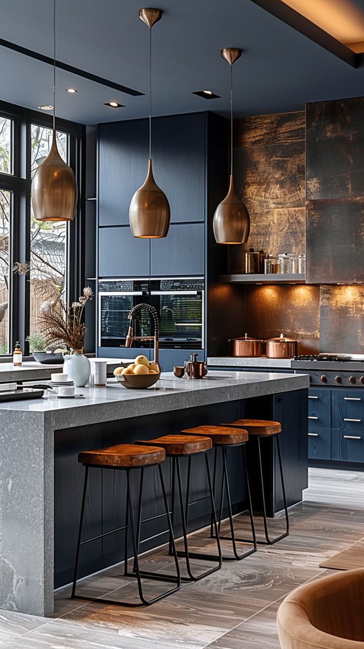 a modern kitchen with marble counter tops and stools in front of the bar area