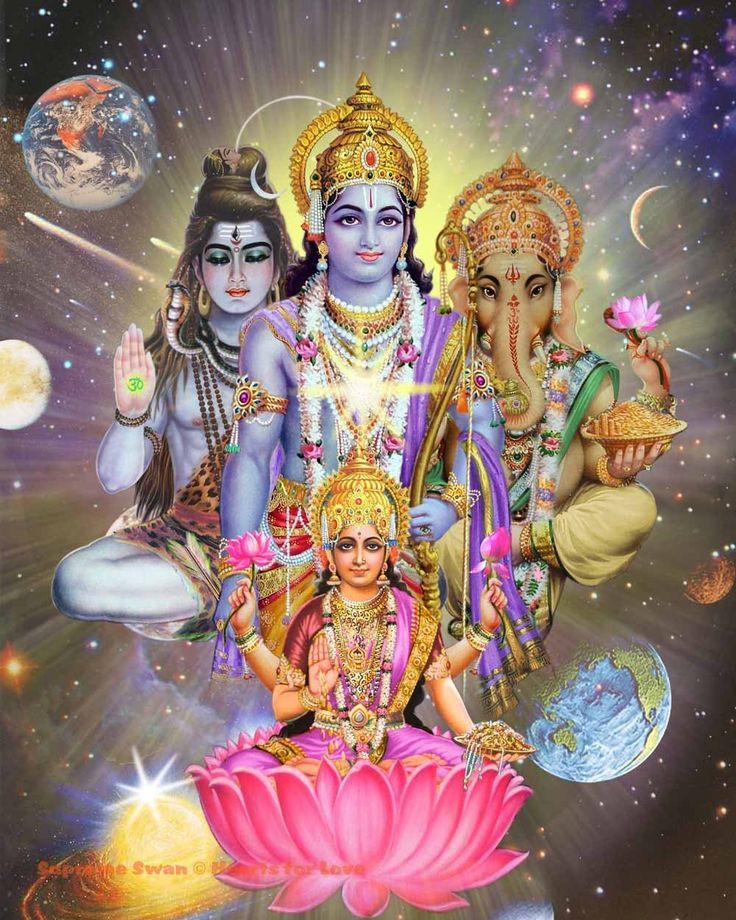 the hindu god sitting in lotus position with his hands up and eyes closed, surrounded by other