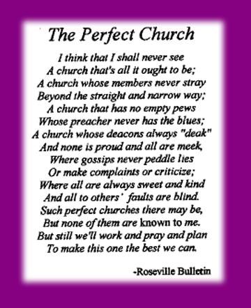 a poem written in purple and white with the words,'the perfect church '