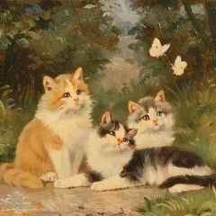 a painting of three kittens sitting on the ground in front of trees and butterflies