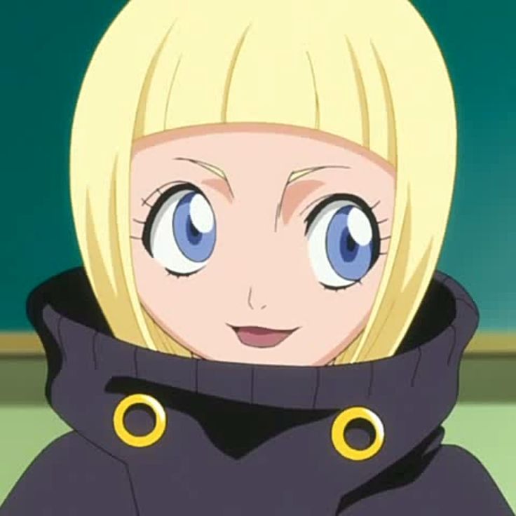 a blonde haired woman with big blue eyes wearing a black coat and yellow rings around her neck