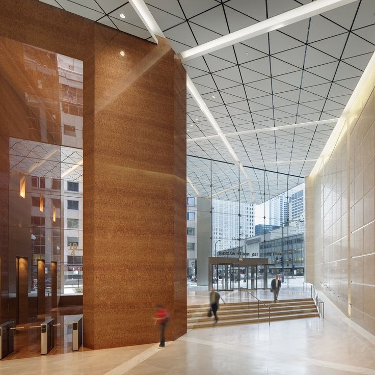 155 North Wacker | Lobby interior design, Facade lighting, Design