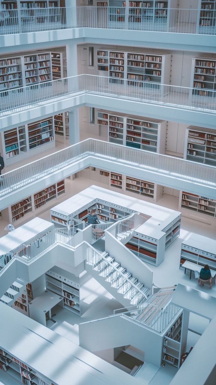 an aerial view of a large library with many bookshelves and stairs in it