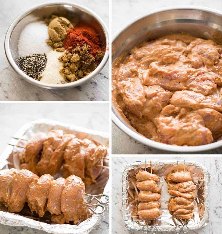 four pictures showing different stages of cooking meat skewers and seasonings in pans