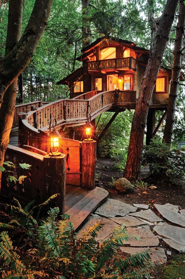 a tree house in the woods with stairs leading up to it's roof and lights on