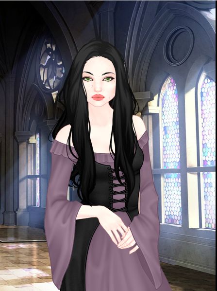 a woman with long black hair wearing a purple dress in front of stained glass windows