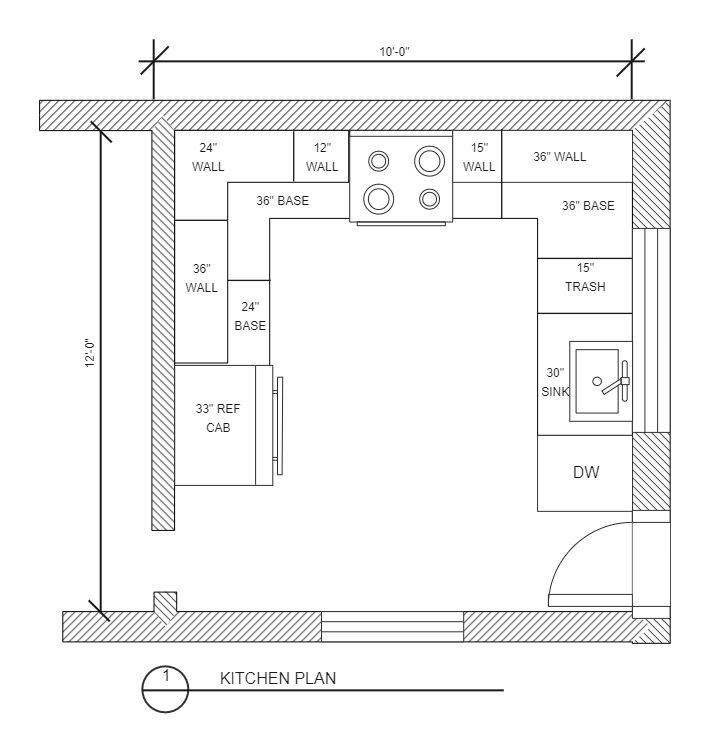 the kitchen floor plan is shown in black and white, with measurements for each area