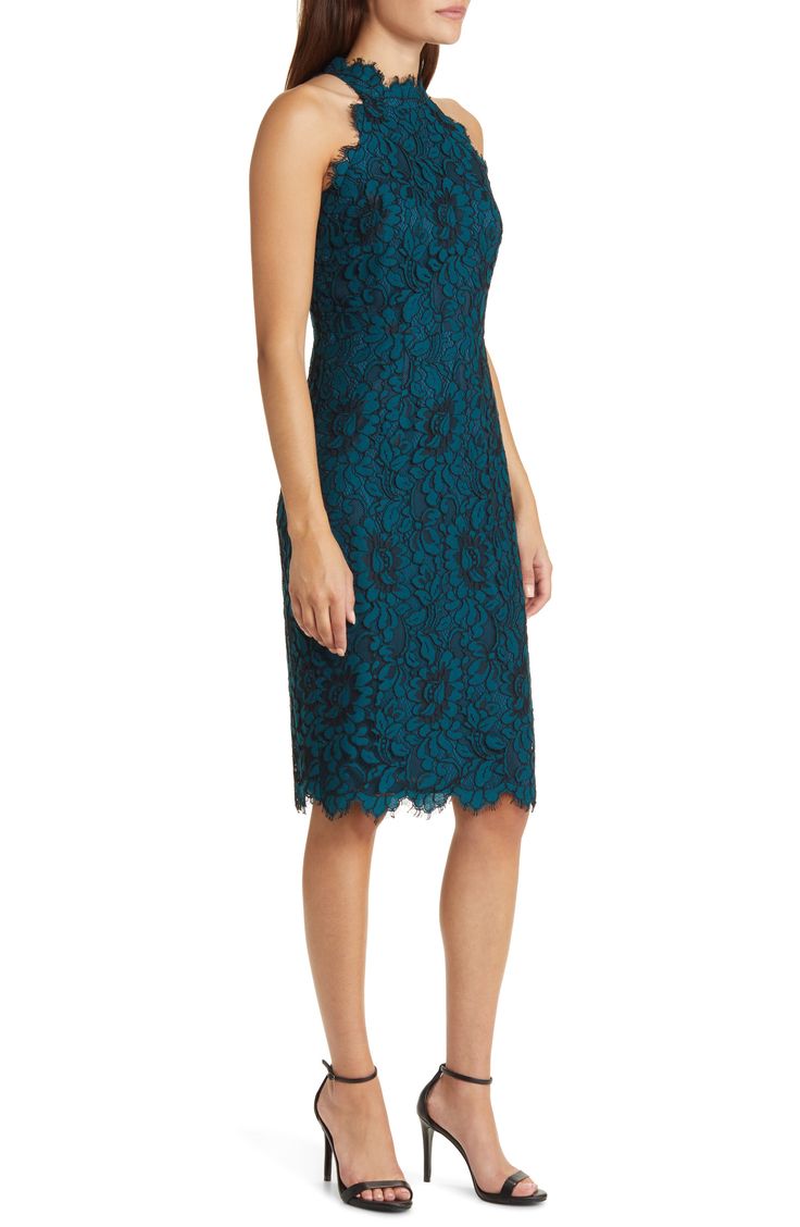 Exquisite and enchanting, this all-lace dress is styled to showcase your shoulders and herald many special nights out. 41" center front length (size 8) Mock neck Lined 43% nylon, 29% cotton, 28% rayon Dry clean Imported Formal Lace Dress With Scalloped Lace And Fitted Bodice, Sheath Lace Dress, Fitted Formal Dress With Delicate Lace, Formal Scalloped Lace Sleeveless Dress, Formal Fitted Dress With Delicate Lace, Gala Lace Dress With Scalloped Detail, Sleeveless Lace Formal Dress, Sleeveless Formal Lace Dress, Fitted Sheath Lace Dress With Scalloped Lace