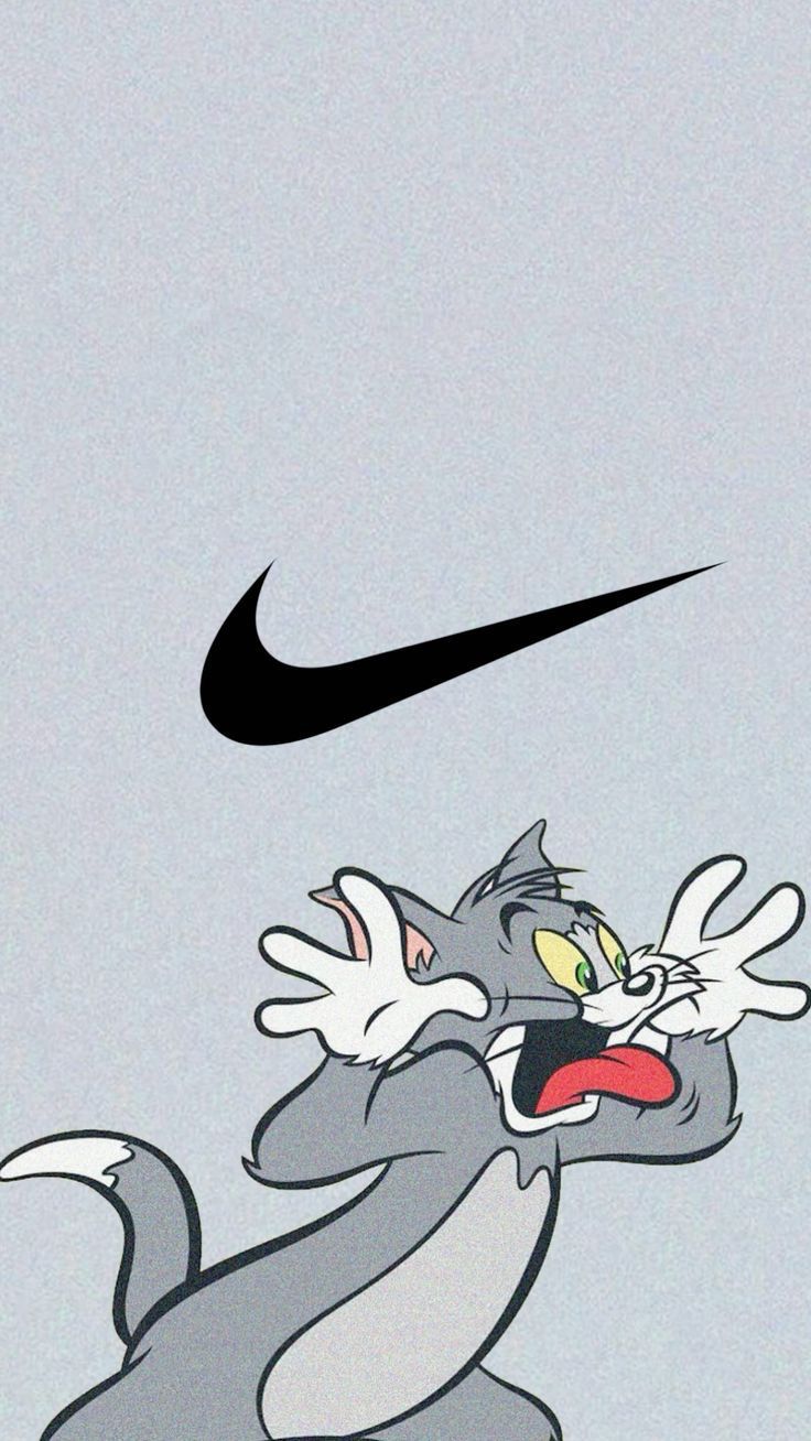 a cartoon cat with its mouth open in front of a black nike logo