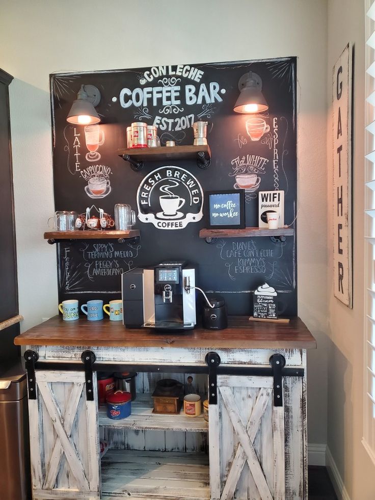 a coffee bar with chalkboard behind it