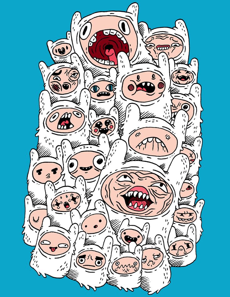 a bunch of cartoon faces with mouths and eyes, all in different positions on a blue background