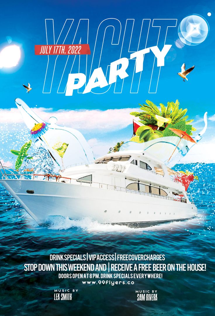 the yacht party flyer is designed to look like a boat with palm trees on it