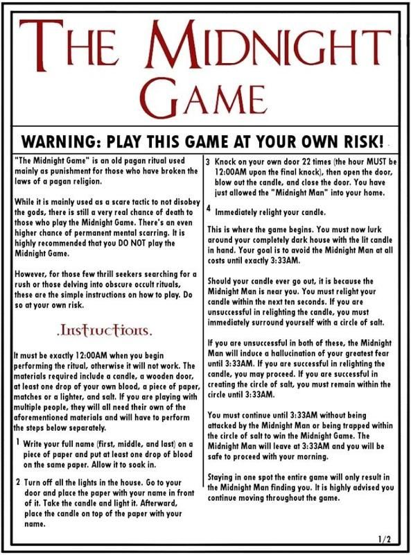 an advertisement for the midnight game, featuring instructions to play this game at your own risk