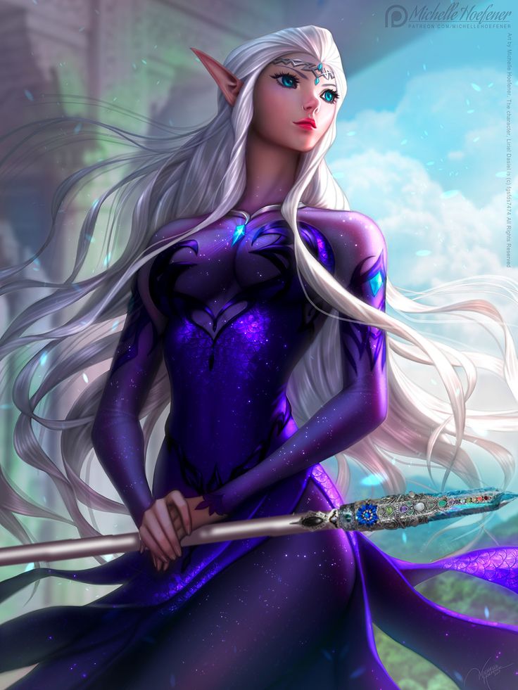 a woman with long white hair wearing a purple dress