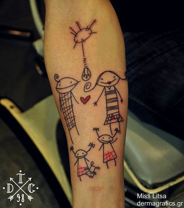 a person with a tattoo on their leg that has two people holding hands in the shape of a heart