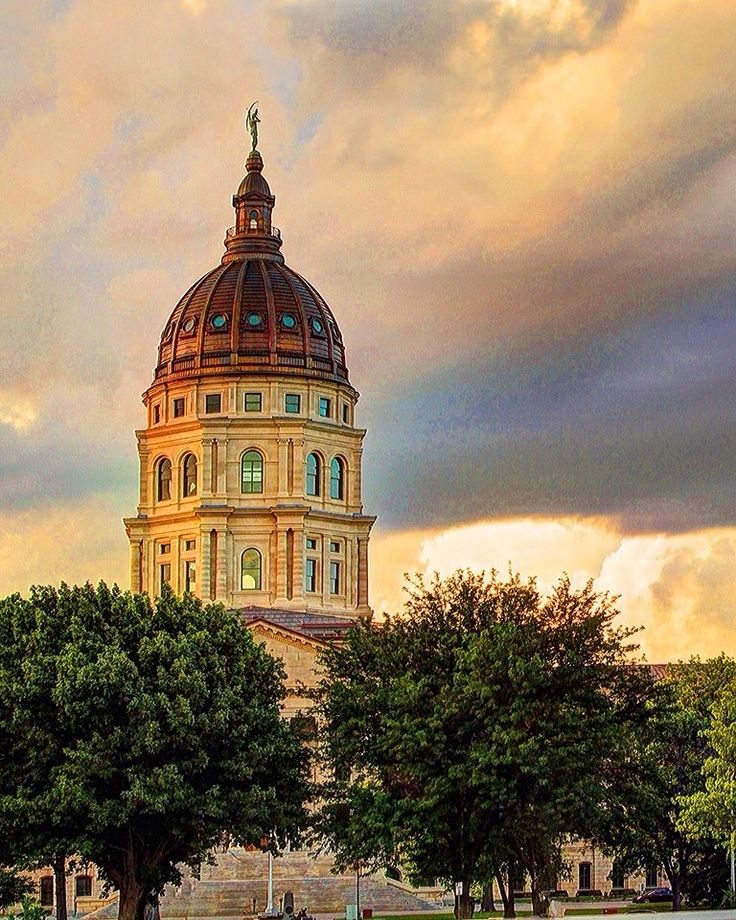 a large building with a dome on top and trees in the foreground under a cloudy sky