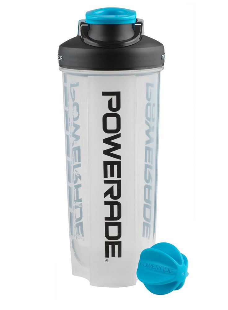 the powerade shaker bottle is next to a blue plastic cap on a white background