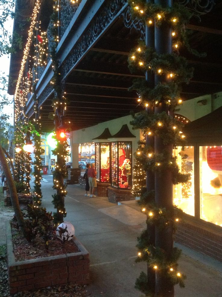 christmas lights adorn the outside of a store