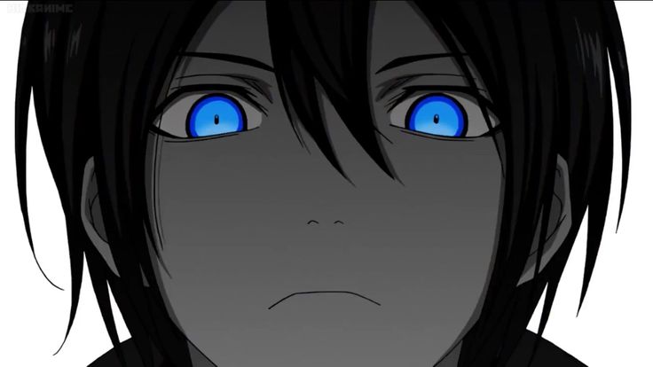 an animated image of a person with blue eyes and black hair looking at the camera