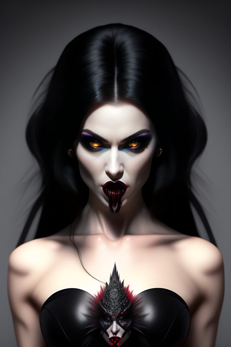 a woman with black hair and red makeup is dressed in vampire makeup, holding a knife to her chest