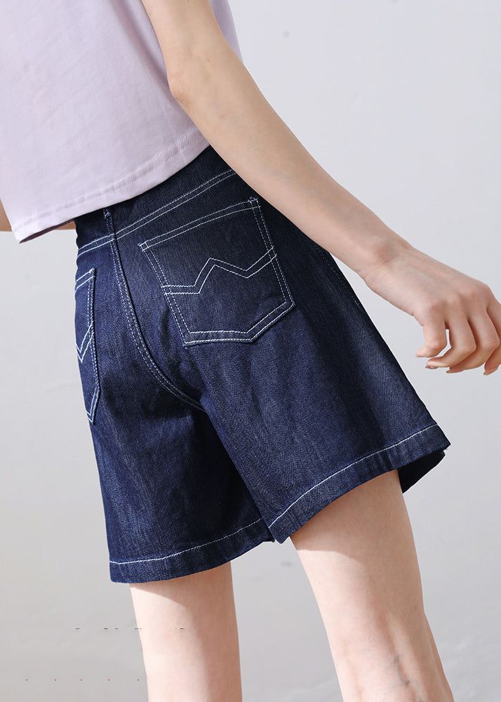 Classy Navy High Waist Pockets Applique Cotton Denim Shorts Summer High-waisted Denim Shorts With Patch Pockets, High Waist Denim Shorts With Patch Pockets, High Rise Jean Shorts With Hip Pockets, Spring Mid-rise Jean Shorts With Patch Pockets, High Waist Shorts With Patch Pockets For Summer, Summer Jean Shorts With Patch Pockets, Spring Denim Jean Shorts With Side Pockets, Dark Wash Shorts With Side Pockets For Spring, Wide Leg Cotton Jean Shorts With Pockets