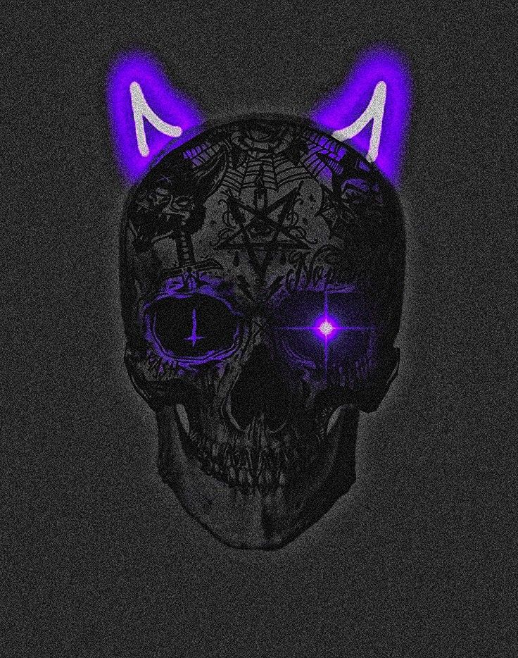 a skull with purple ears and glowing eyes