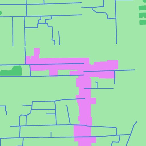 a green and pink map with lines on it that show the location of several buildings