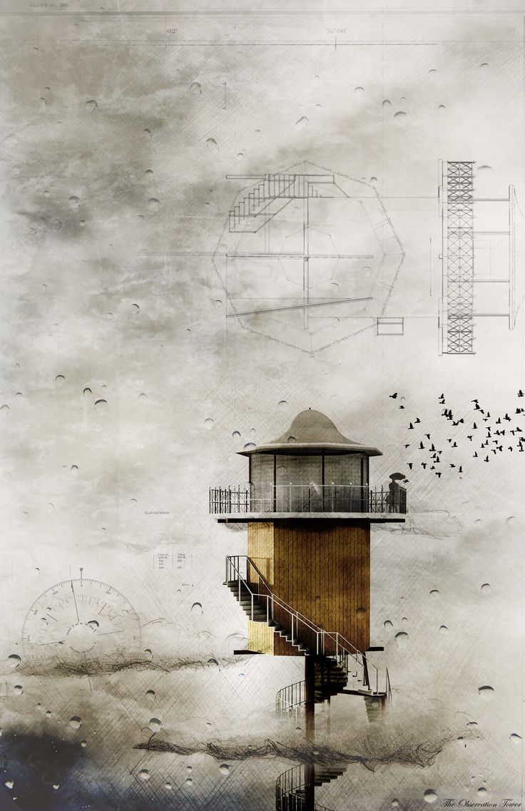 a drawing of a lighthouse with birds flying around it and clouds in the sky above