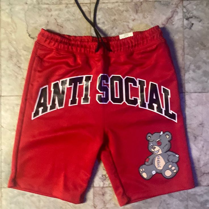 Antisocial Knee Length Ahorts Casual Letter Print Shorts For Spring, Casual Summer Athletic Shorts With Letter Print, Summer Streetwear Bottoms With Letter Print, Red Casual Short Length Bottoms, Casual Red Bottoms For Streetwear, Red Casual Bottoms For Streetwear, Casual Short Bottoms With Letter Print, Red Athletic Shorts For Spring, Leisure Letter Print Short Bottoms