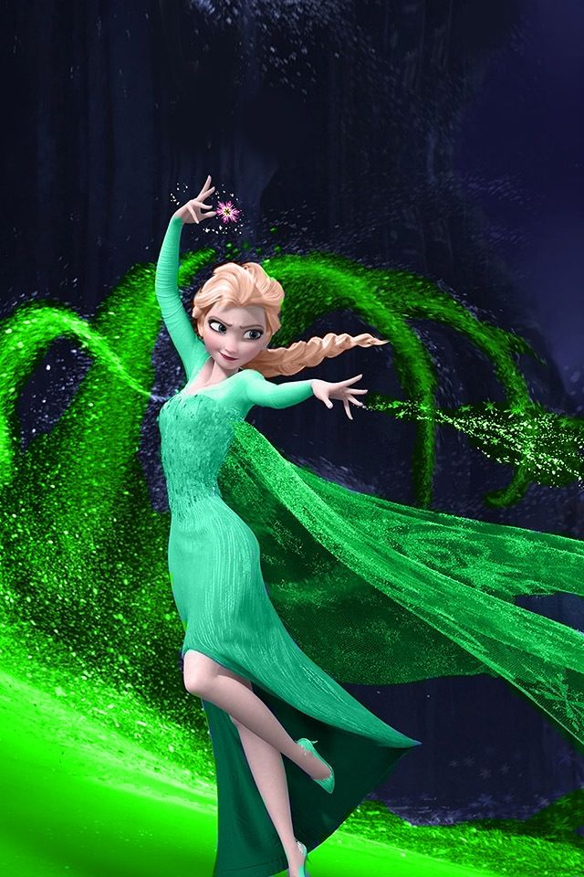 the frozen princess is dressed in green and waving her arms out to the side, while she