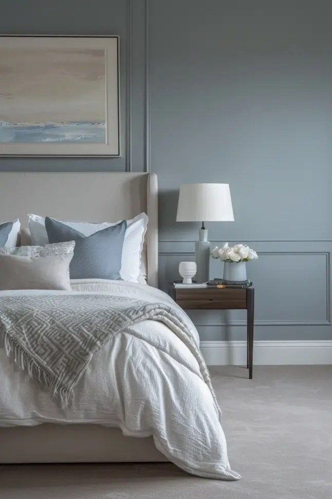 a bed with white linens and blue pillows in a gray room next to a painting on the wall