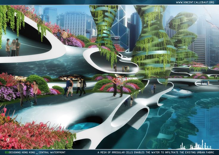 a futuristic city with people walking around and trees in the foreground, surrounded by water