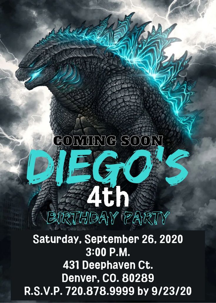 a flyer for a birthday party with godzillas