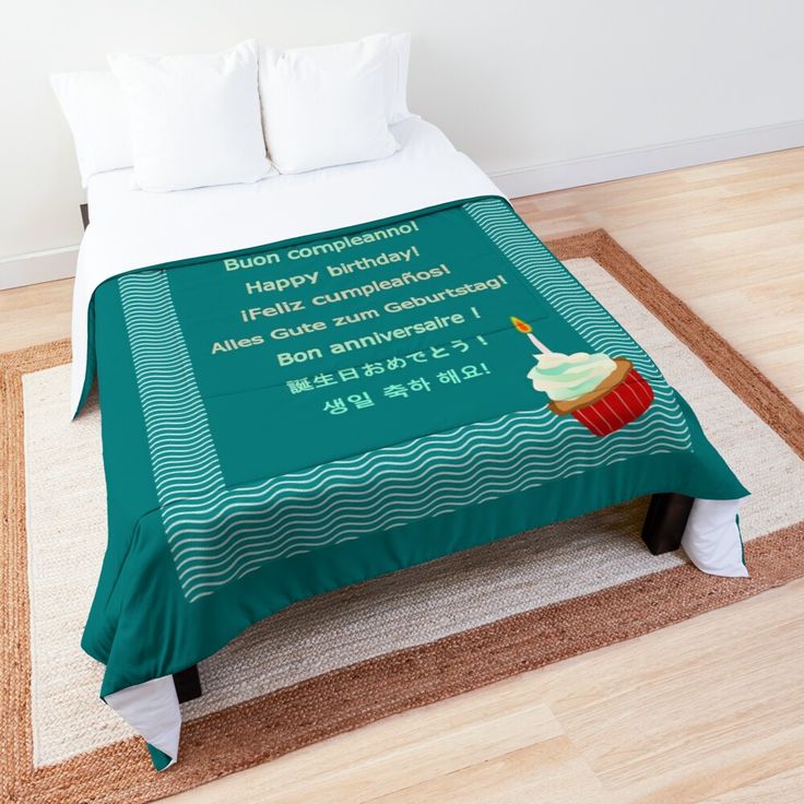 there is a bed with a cupcake on it