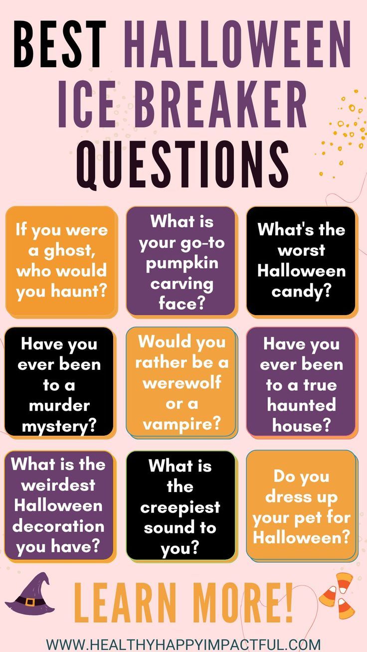 Square examples of Halloween icebreakers Ice Breaker Questions For Kids, Ice Breaker Games For Adults, Questions To Ask Friends, Halloween Questions, Funny Ice Breakers, Icebreakers For Kids, Questions To Ask Kids, Family Conversation Starters, Introduction Activities