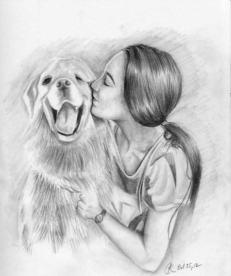 a drawing of a woman kissing a dog's face with her mouth open and tongue out