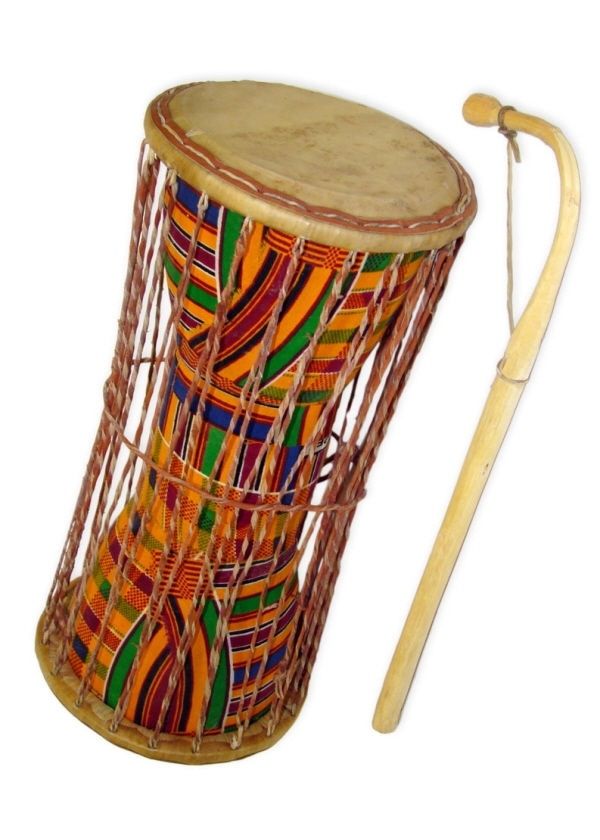 an african drum and wooden stick on a white background