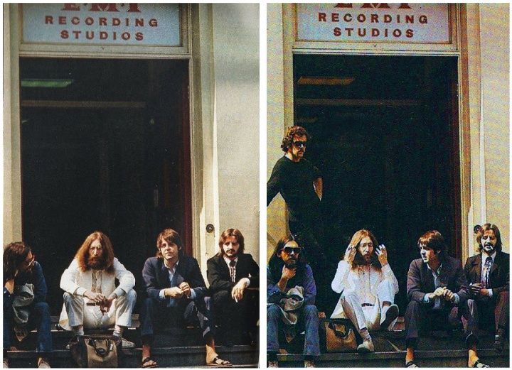 two photographs of people sitting on the steps and in front of a recording studio door