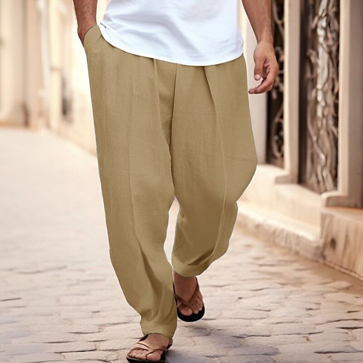 Season:Spring  Summer; Fabric:100% Cotton; Gender:Men's; Style:Basic,Fashion; Occasion:Holiday,Daily,Casual; Fit Type:Regular Fit; Function:Breathable,Comfort; Waistline:Mid Waist; Pattern:Plain; Design:Pleats,Front Pocket; Brand:OUKU; Pants Type:Trousers,Tapered Carrot Pants,Beach Pants,Summer Pants; Fly Type:Button; Front page:FF; Listing Date:07/11/2023; Hips:; Length:; Waist:; Fit US Size:null; Fit UK Size:null; Fit EU Size:null Carrot Pants, Mens Linen Pants, Basic Fashion, Daily Holidays, Cotton Linen Pants, Funky Outfits, Pants Summer, Mens Linen, Cotton Fashion