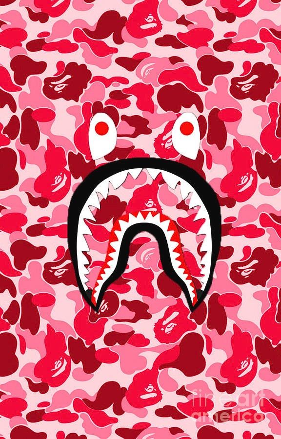 a pink camo background with a shark's mouth