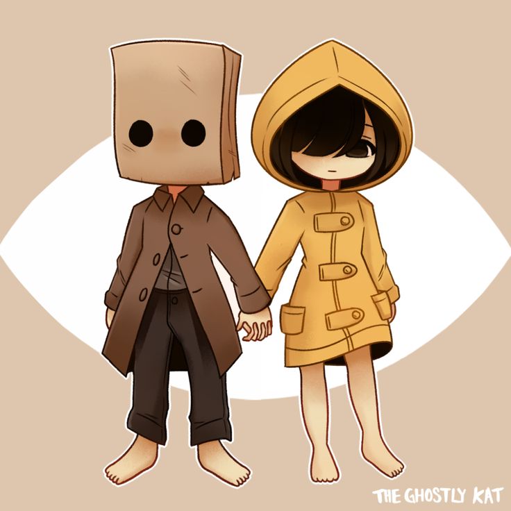 an image of two people holding hands with a paper bag on their head and the person wearing a trench coat