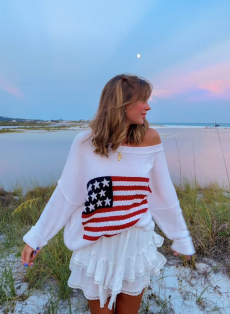 White Flag Sweater America Sweater, Preppy Pullover, American Flag Sweatshirt, Anything Aesthetic, Flag Sweater, Usa Sweater, American Flag Sweater, Sweater Boho, Boat Neck Sweater