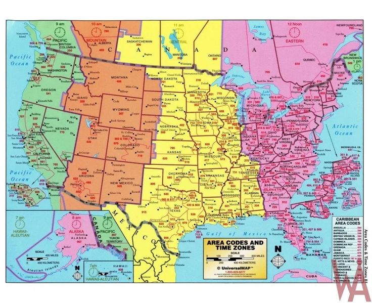 a map of the united states with major cities and time zones in red, yellow, and blue