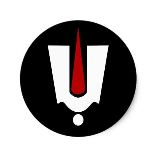 a black and white sign with a red tie on it's head, in the center of a circle