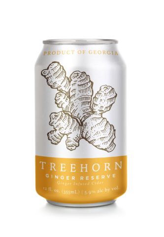 a can of treehorn ginger beer on a white background with gold trimmings