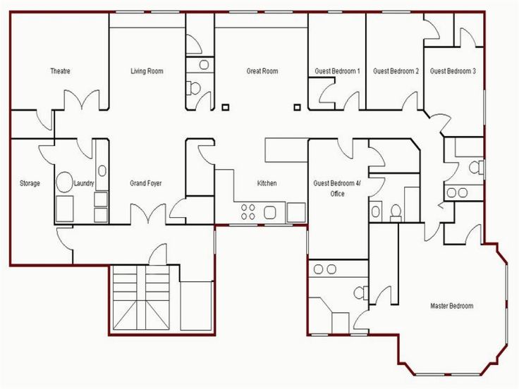 the floor plan for a house with three rooms and two bathrooms, including an office