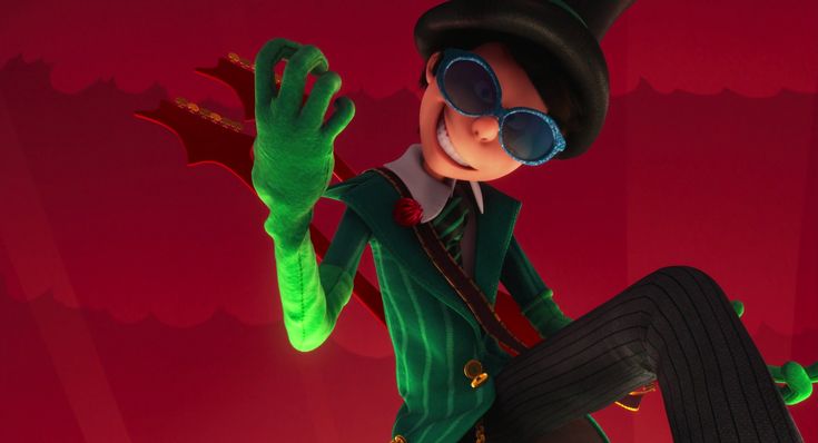 the animated character is dressed in green and black